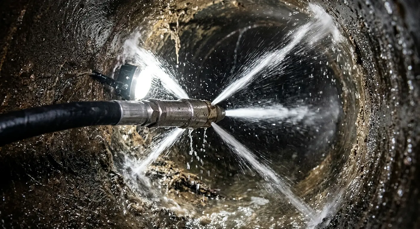 High-pressure hydro jetting nozzle cleaning sewer pipe for Sewer Cleanout in Redondo Beach