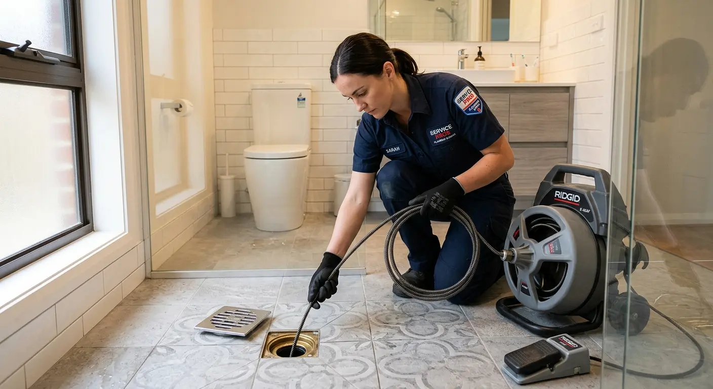 Technician clearing a bathroom floor drain for Hydro Jetting in Redondo Beach